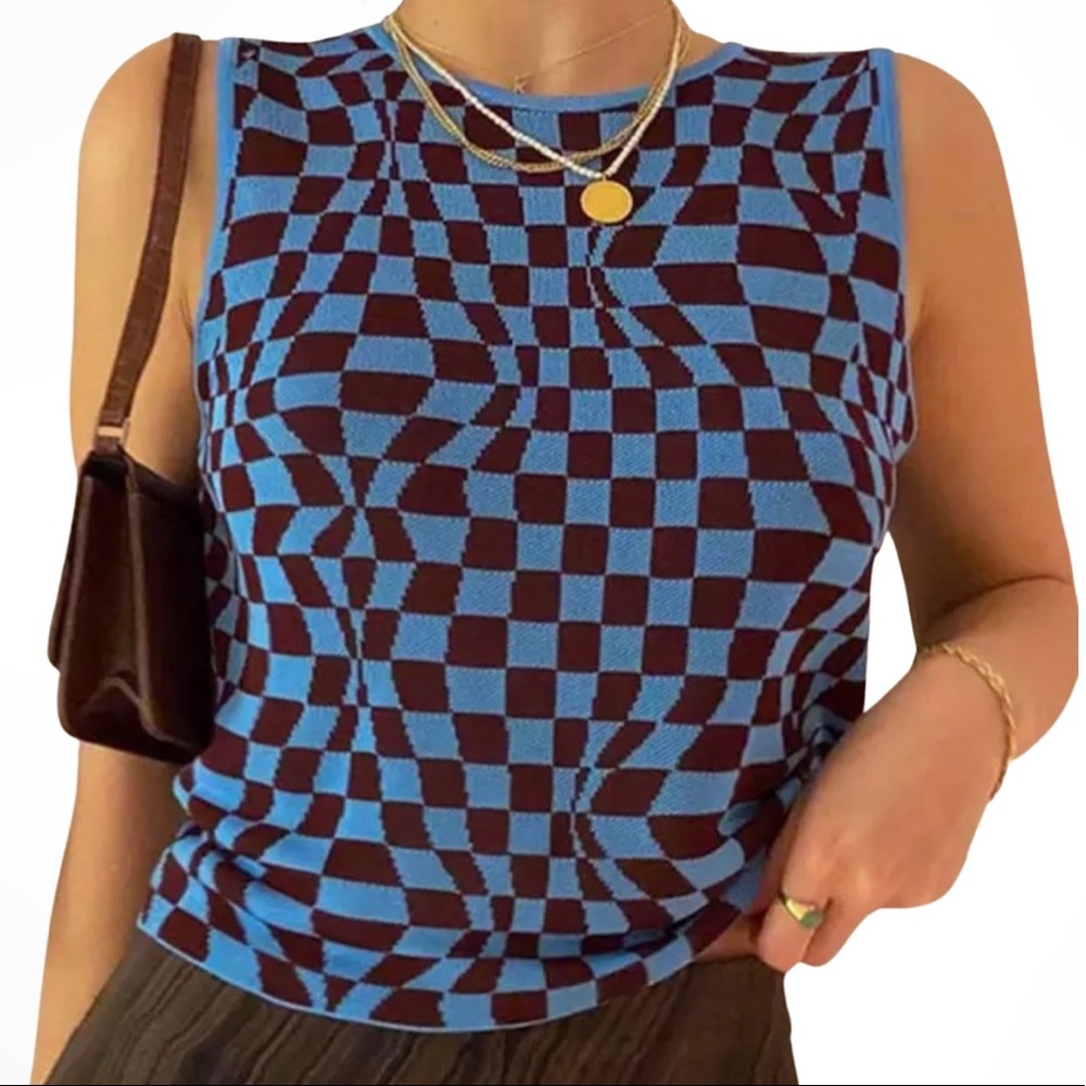 Blue & Brown Wavy Checkered Print Knit Tank Top (Paloma Wool Enya Top)